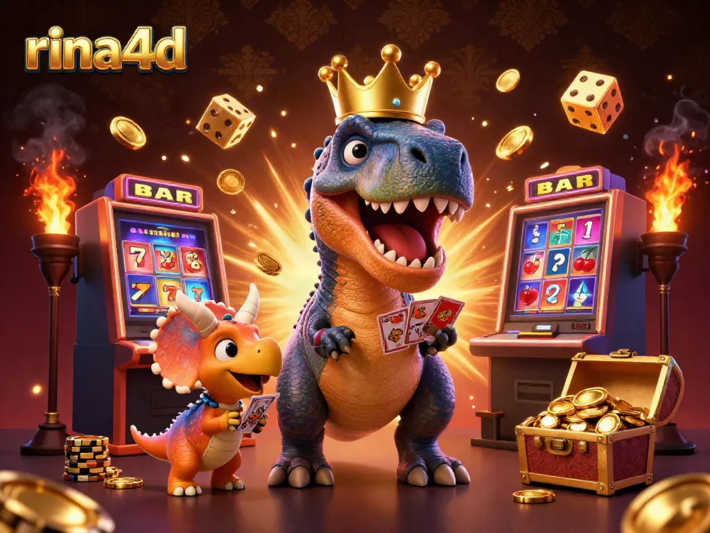 Experience exciting gameplay at rina4d with a thrilling visual of a cartoon T-Rex, 3D slots, and vibrant casino elements.