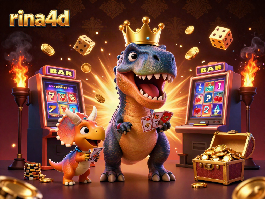 Experience exciting gameplay at rina4d with a thrilling visual of a cartoon T-Rex, 3D slots, and vibrant casino elements.