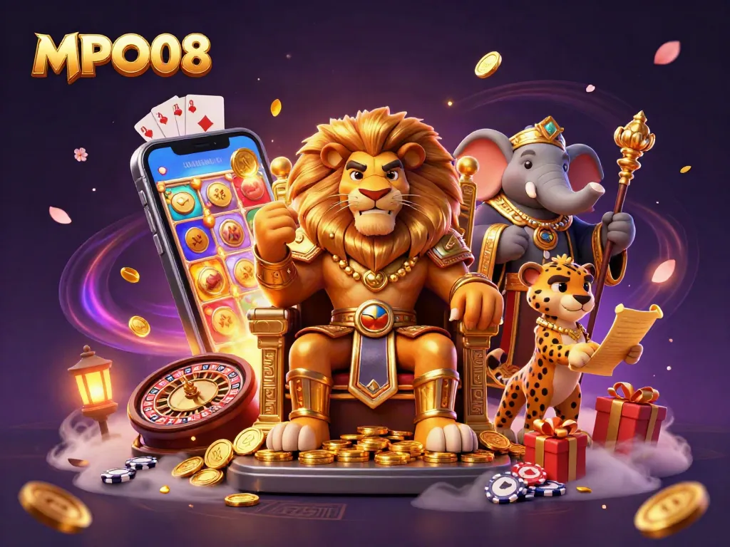 MPO08 showcases a fierce lion king and companions amidst vibrant slot game elements, capturing the essence of online gambling.