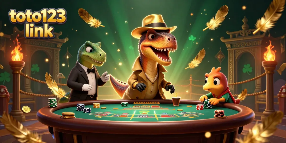 Engage with the thrilling toto123 link scene featuring cartoon dinosaurs at a blackjack table.