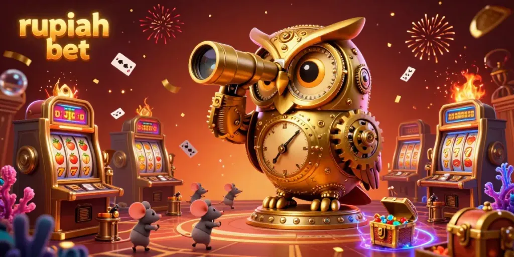 Experience the excitement of rupiah bet with a vibrant casino scene featuring a golden owl and treasure-filled slot machines.