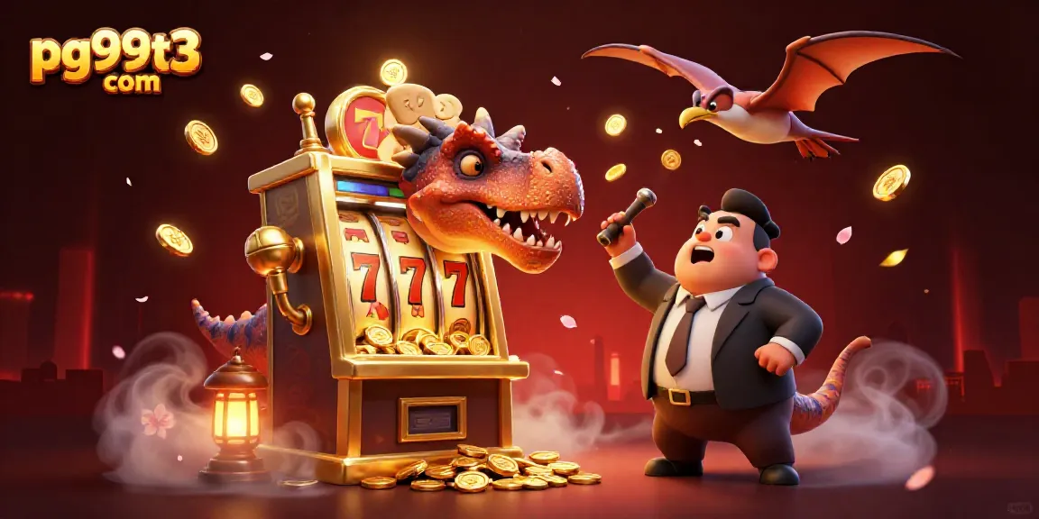 pg99t3 com features a cartoon dinosaur activating a jackpot slot machine, combining excitement and fun.