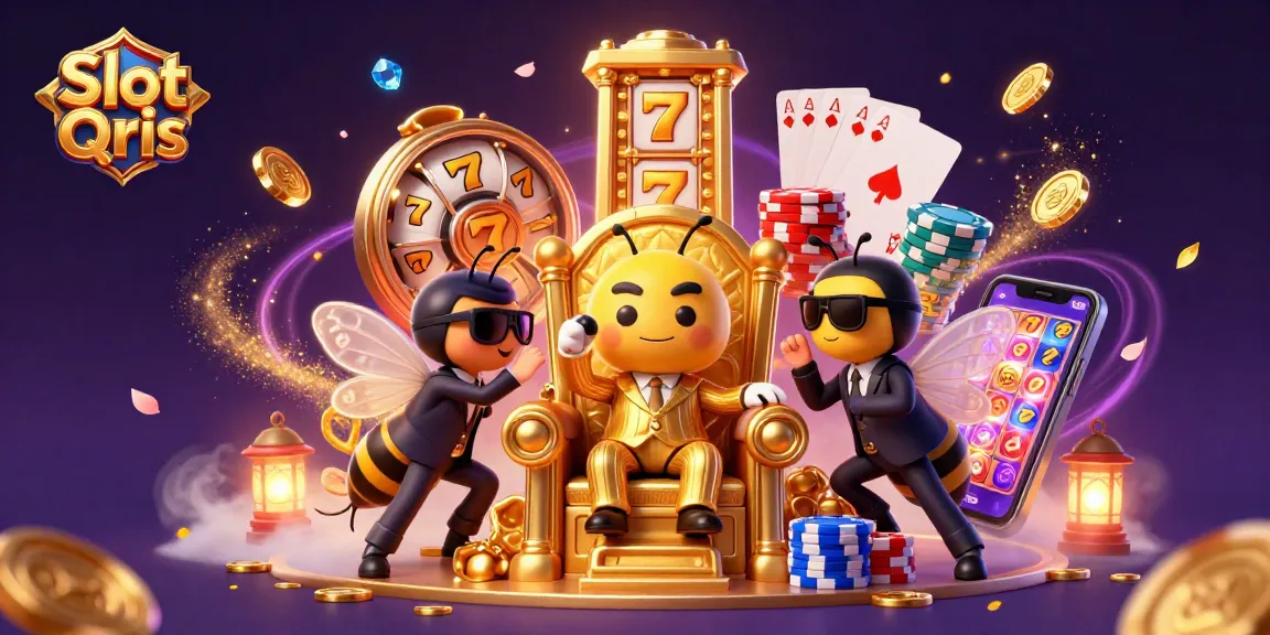 Engage with Slot Qris as a bumblebee mob boss oversees a rich casino scene filled with golden reels and winnings.