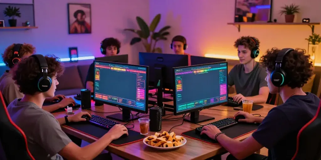 Kelompok teman menikmati pengalaman bermain slot online harumslot dengan suasana ceria dan lampu berwarna-warni.