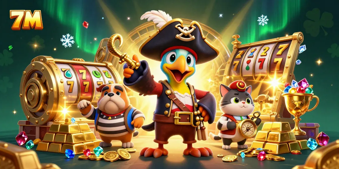 Try your luck with 7M at the vibrant pirate-themed casino scene showcasing vibrant treasures.