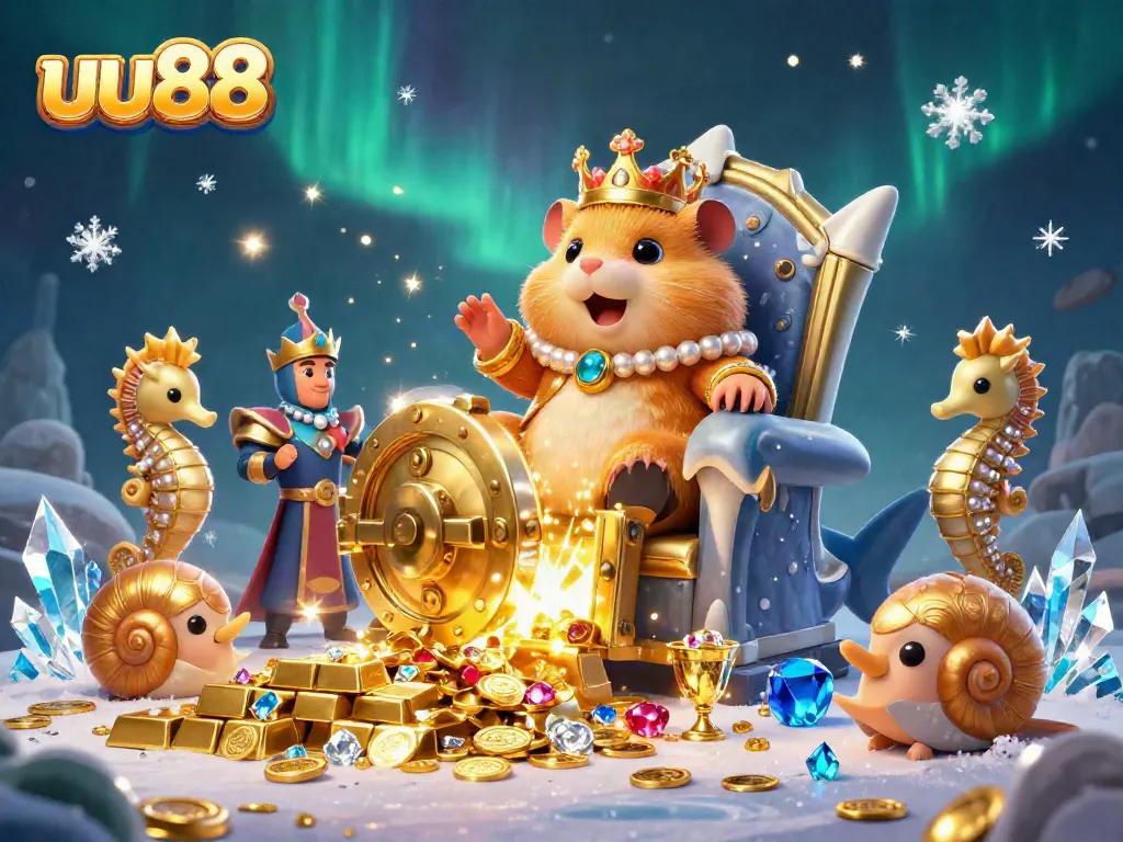 Experience the royal treasure of uu88 with the fierce golden hamster king guarding golden gems and riches.