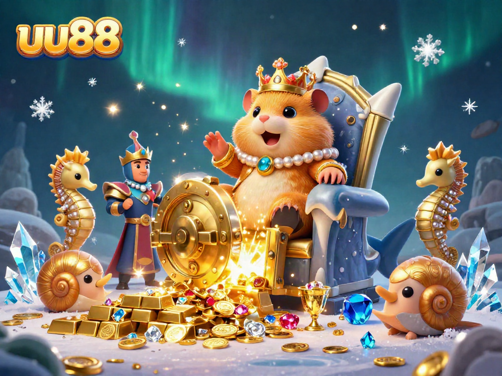 Experience the royal treasure of uu88 with the fierce golden hamster king guarding golden gems and riches.