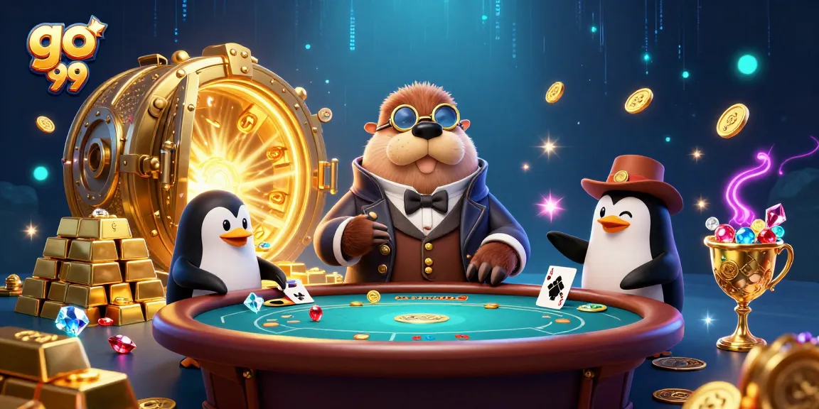 Join the lively poker game at go 99 with a walrus, penguin dealer, and bluffing pufferfish surrounded by treasures.